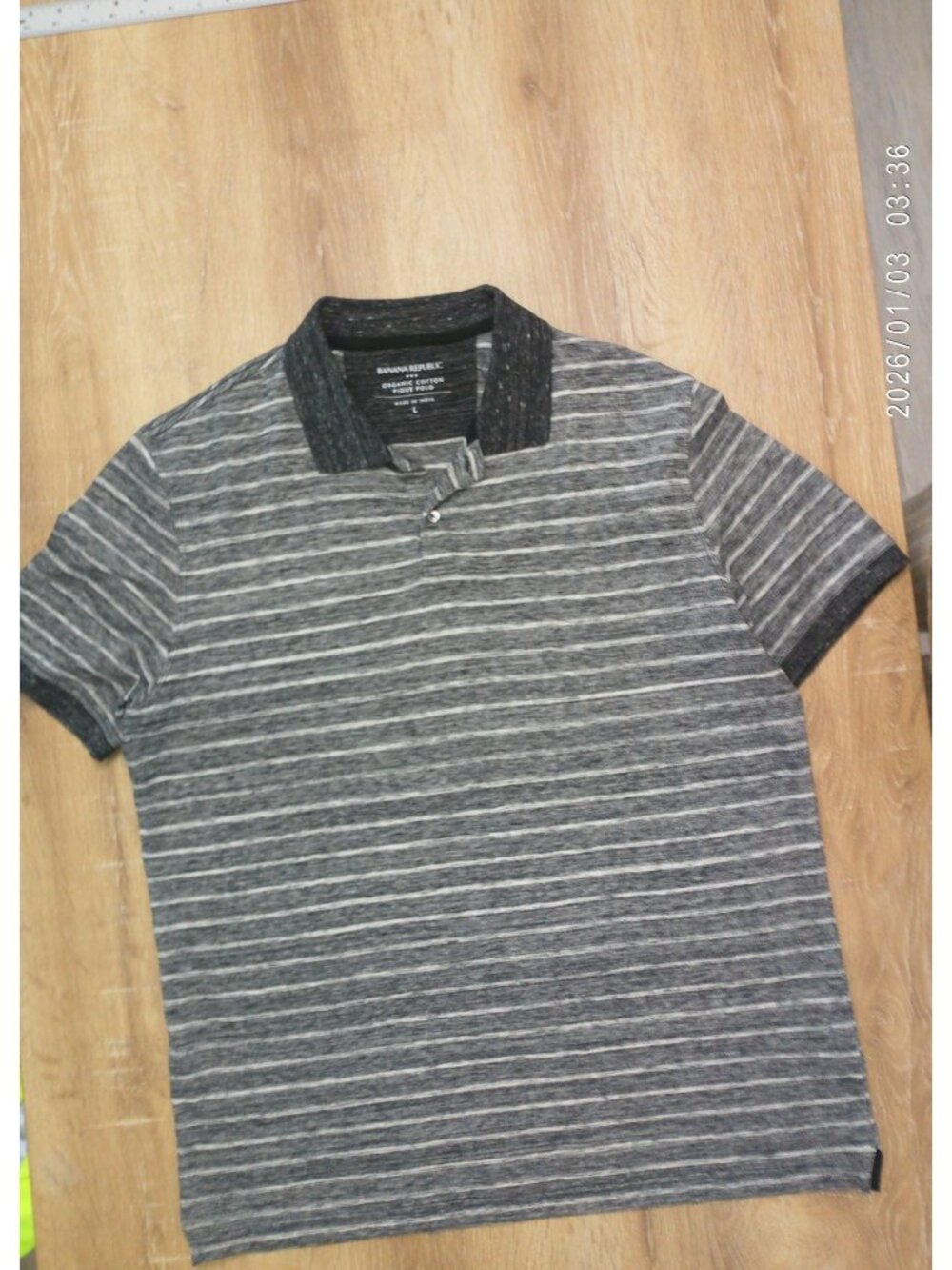 Banana Republic Organic Cotton Pique Polo Shirt Grey & White Striped Mens L